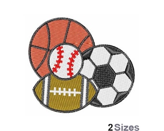 May include: An embroidery design featuring three sports balls: a basketball, a baseball, and a soccer ball. The basketball is orange and black, the baseball is white with red stitching, and the soccer ball is black and white.