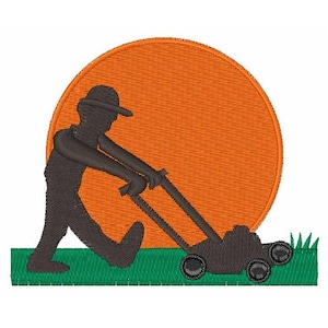 May include: A silhouette of a person mowing a lawn with a lawnmower in front of an orange sun. The lawn is green.