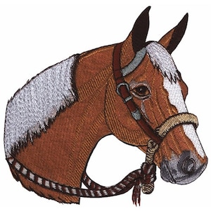 May include: Embroidered image of a brown horse's head with a white star on its forehead. The horse is wearing a brown leather halter with a rope tied to it.