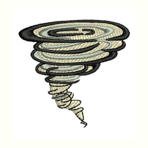Peut inclure: Un motif brodé noir et blanc d'une tornade. La tornade est représentée comme un vortex tourbillonnant de nuages avec un centre sombre.