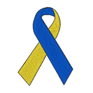 May include: A blue and yellow ribbon, a symbol of awareness for Down syndrome.