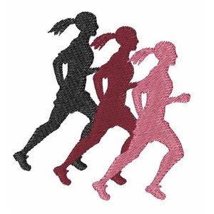 May include: Silhouette of three runners in black, maroon, and pink, running in a line, with the runner in the back leading the other two.