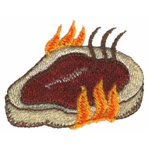 May include: Embroidered patch of a brown steak with flames underneath. The steak is on a white background.