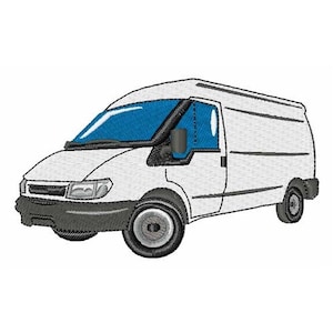 May include: A white delivery van with a blue windscreen and grey details. The van has a side door and a rear door.