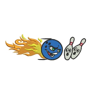 Può includere: Una palla da bowling blu con un viso da cartone animato è in fiamme e corre verso due birilli bianchi.