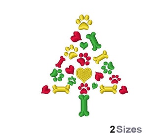 May include: Embroidered design of a Christmas tree made of paw prints, hearts, and bones. The tree is green, red, and yellow. The text "2 Sizes" is at the bottom of the image.