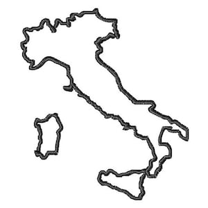 May include: A black and white outline of the country of Italy. The outline includes the mainland and the islands of Sicily and Sardinia.