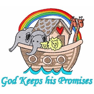 May include: A colorful illustration of Noah's Ark with a rainbow above it. The ark is filled with animals, including elephants, lions, and giraffes. The text "God Keeps His Promises" is written below the ark.