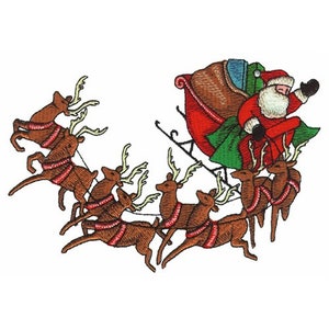 May include: Santa Claus in a red suit and white beard rides in a red sleigh pulled by eight reindeer. The reindeer are brown with red and white harnesses. The sleigh is filled with presents and Santa is waving.