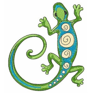 May include: A green and blue stylized lizard with a curled tail. The lizard has a blue body with white swirls and green legs and head.