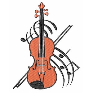 Può includere: Un violino nero e arancione con note musicali che vorticano intorno. Il violino ha un manico e delle corde nere, e il corpo è di colore arancione brillante.