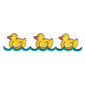 May include: Three yellow rubber duckies floating in a blue wavy line, representing water.