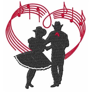 May include: Silhouette of a couple line dancing with a red heart shape made of musical notes in the background.