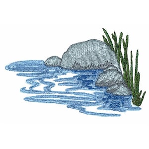 May include: A blue embroidered design of a small pond with two gray rocks and green reeds.