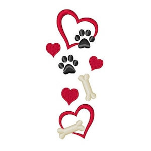 May include: Red hearts and black paw prints with a white bone, all in a vertical arrangement.