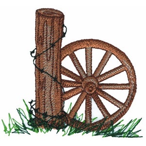 May include: A brown wooden post with barbed wire wrapped around it, next to a brown wooden wagon wheel with spokes. The post and wheel are sitting on a bed of green grass.