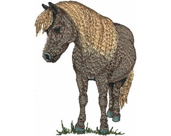 May include: An embroidered image of a brown horse with a light brown mane and tail. The horse is standing on a patch of green grass against a white background. The horse is looking down, with its head slightly lowered.