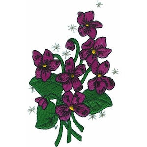 May include: A bouquet of purple flowers with green leaves and white star-shaped accents.