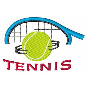 Könnte beinhalten: Ein blauer Tennisschläger mit einem gelben Tennisball in der Mitte der Saiten. Der Ball ist von einem schwarzen Kreis umgeben. Das Wort "TENNIS" steht in rot unter dem Ball.
