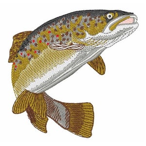Puede incluir: Un pez trucha bordado de color marrón y dorado con manchas rojas, saltando fuera del agua.