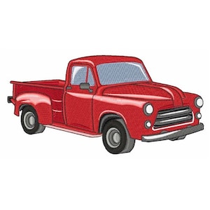 Può includere: Un camioncino vintage rosso con un parabrezza bianco e dettagli cromati. Il camioncino ha un cassone e una cabina singola.