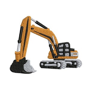 Könnte beinhalten: Ein gelber und schwarzer Spielzeugbagger mit einem schwarzen Schaufel. Der Bagger hat ein schwarzes und graues Kettenlaufwerk.