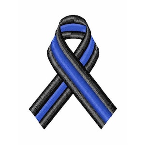 May include: A black and blue ribbon with a thin blue stripe in the center. The ribbon is tied in a bow.