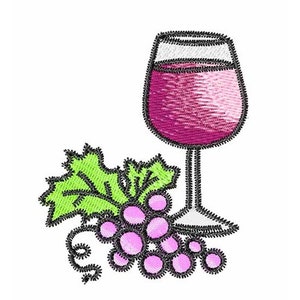 May include: A glass of red wine with a bunch of purple grapes and green leaves.