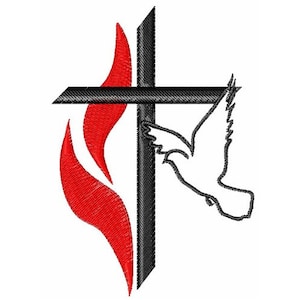 May include: A black cross with a red flame on the left and a white dove on the right.