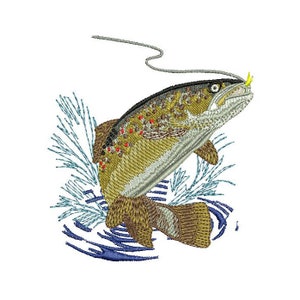 May include: A brown trout with red spots jumps out of the water, its mouth open as it takes a fly. The fish is surrounded by blue and green water ripples.