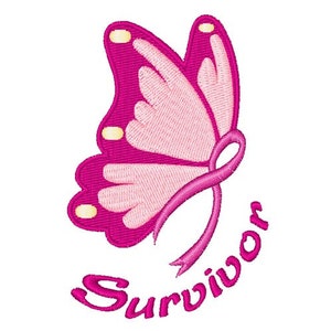 May include: Pink butterfly with a pink ribbon that says "Survivor" in pink lettering.