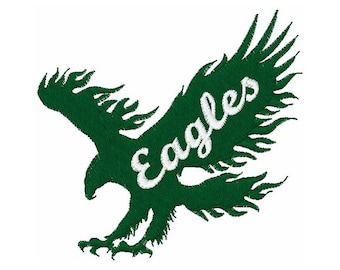 May include: Green embroidered patch with a silhouette of an eagle in flight with the word "Eagles" written in white inside the silhouette.