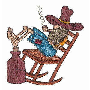 May include: A cartoon illustration of a man with a long beard, wearing a brown hat and blue jeans, sitting in a rocking chair with his feet up on a brown bottle. He is smoking a pipe and has a relaxed expression on his face.