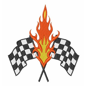 May include: Two black and white checkered racing flags crossed behind a yellow and orange flame.