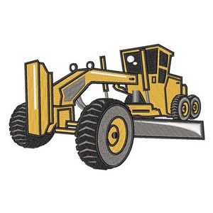 May include: Embroidered design of a yellow and black grader, a construction vehicle. The grader has large, dark gray tires and a blade at the bottom. The cab is black with a small window. The design is on a white background.