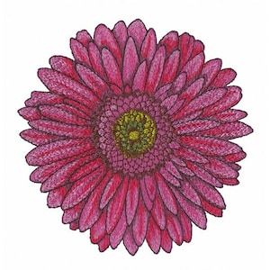 Pode incluir: Uma margarida gerbera rosa com um centro amarelo. A flor é bordada com fio rosa e verde.