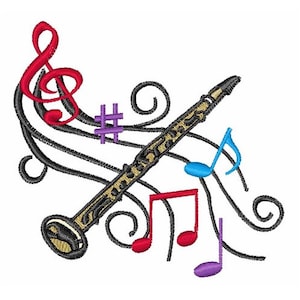 Può includere: Un clarinetto nero e dorato con note musicali e una chiave di violino in rosso, viola, blu e nero.