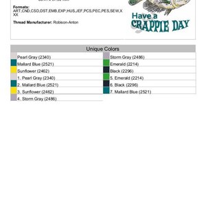 May include: A digital embroidery design featuring a cartoon crappie fish with the text "Have a Crappie Day". The design includes seven unique colours: pearl grey, mallard blue, sunflower, storm grey, emerald, and black.