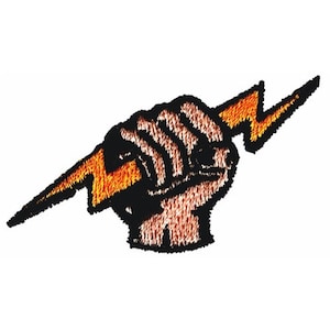 May include: An embroidered patch with a black outline of a hand holding a yellow lightning bolt.