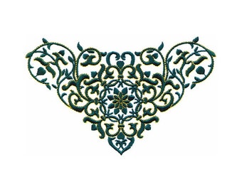 May include: A teal blue and gold embroidered design with a floral pattern. The design is symmetrical and has a heart shape.