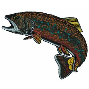 May include: Embroidered patch of a brown, green, and yellow trout leaping out of the water. The trout has a detailed design with scales and fins.
