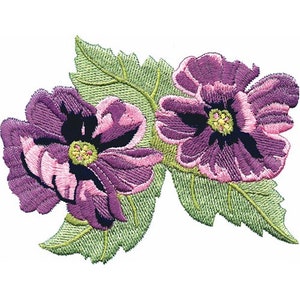 May include: Embroidered floral design with two purple flowers, pink highlights, and yellow centres, alongside green leaves. The design is set against a white background, highlighting the detailed stitching and colour contrast.