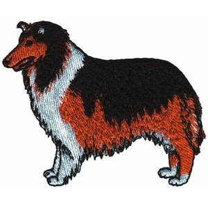 Könnte beinhalten: Gestickter Aufnäher eines schwarzen, weißen und orangefarbenen Collie-Hundes, der mit dem Kopf nach links gedreht steht.