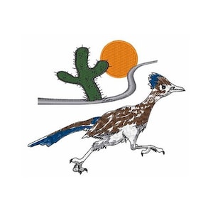 May include: A brown and white roadrunner with a blue tail runs across a desert landscape with a green cactus and an orange sun.