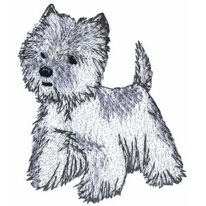 May include: A black and white line drawing of a West Highland White Terrier dog. The dog is standing with its head turned to the left and its tail curled up.