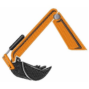 May include: Orange and black embroidered design of an excavator with a raised arm and a bucket.