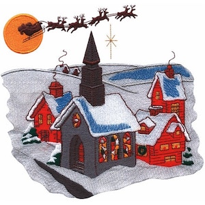 Puede incluir: Una escena de pueblo de invierno nevado con una iglesia, casas y un trineo tirado por renos volando en el cielo. La luna es un círculo naranja brillante.