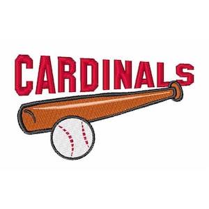 May include: Red embroidered baseball logo with the word "CARDINALS" and a brown baseball bat with a white baseball.