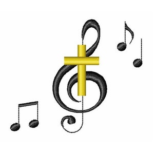 May include: A black treble clef with a gold cross in the center, surrounded by three black musical notes.