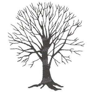 Peut inclure: Silhouette noire et blanche d'un arbre dénudé avec de nombreuses branches et un tronc épais. L'arbre est sur un fond blanc.